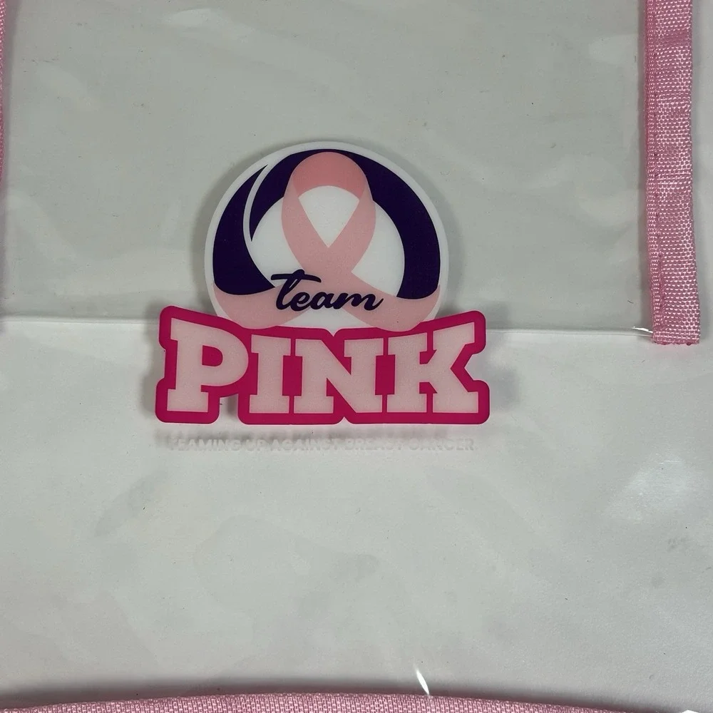 New Team Pink Travel Event Bag Clear w Pink Trim Strap Zip Closures, 3 Hair Ties